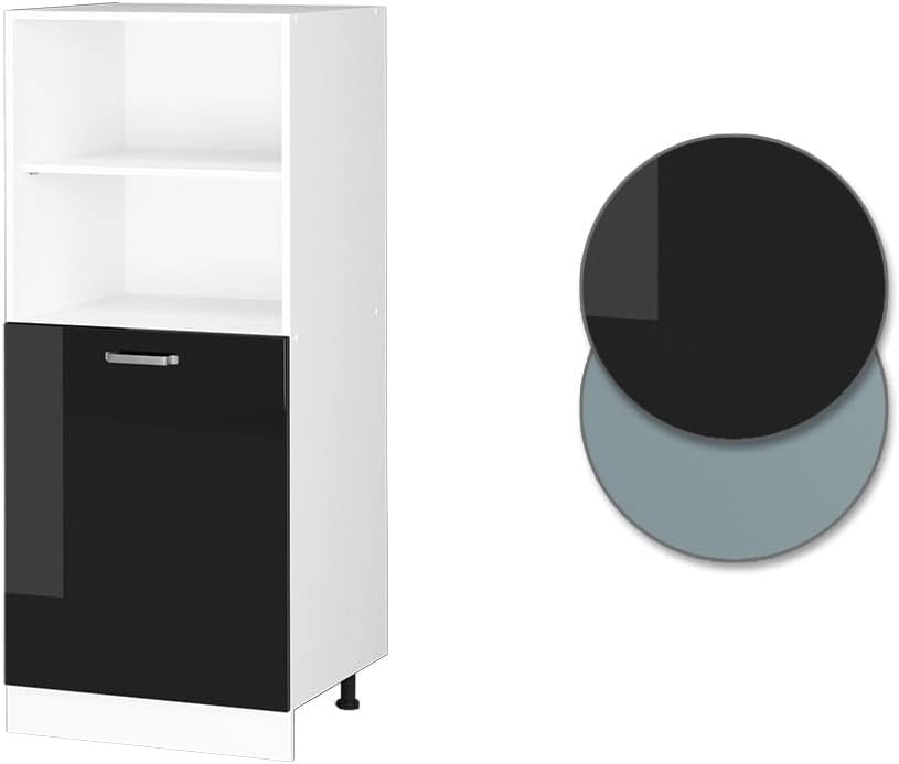 Dispensa universale R-Line, Nero lucido, 60 cm con ripiani aperti e anta, per la conservazione di utensili domestici e per la pulizia