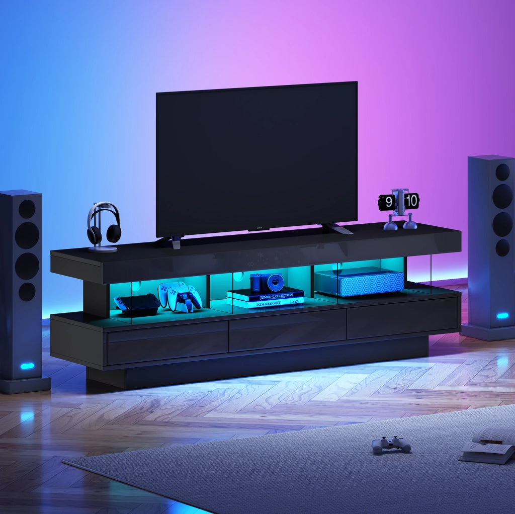 Mobile TV nero lucido 160 cm con LED Bluetooth e 3 vani in vetro