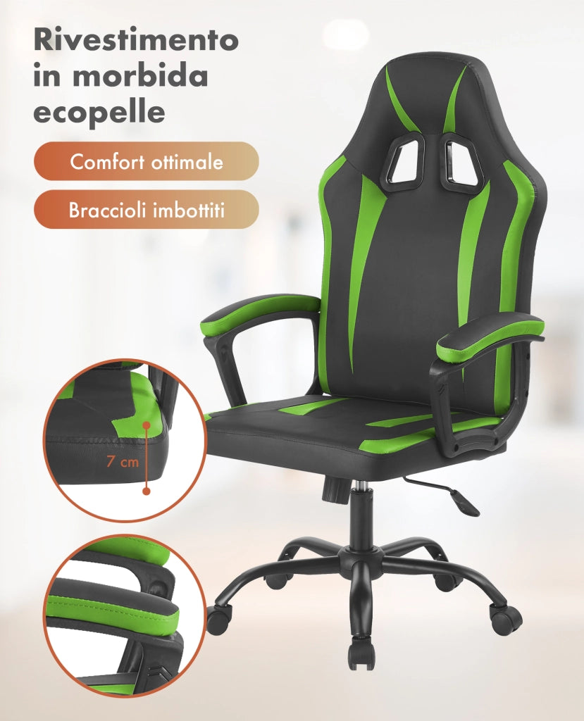 Sedia Gaming Adulto Professionale SimilPelle Reclinabile Con Braccioli Poltrona Ufficio Regolabile in Altezza Pistone Gas Gamer Portata 150 Kg Verde