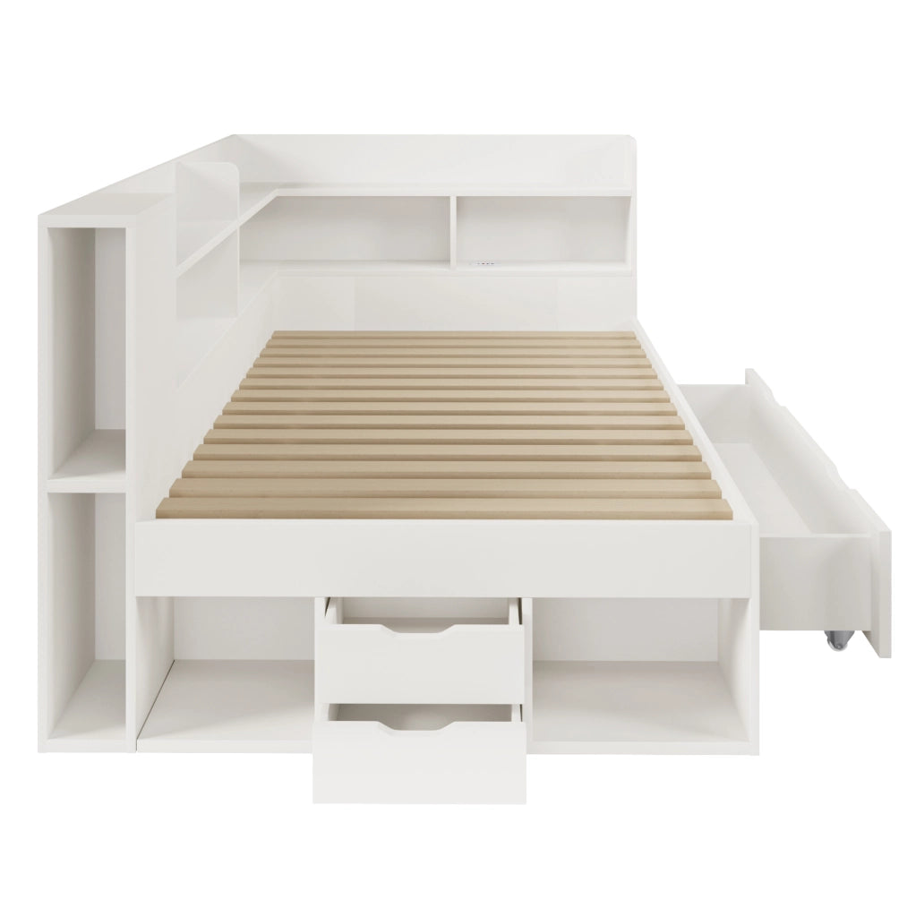 Letto da giorno ULEVR 90x200 cm con LED, USB e Type-C, cassetti e ripiani, bianco