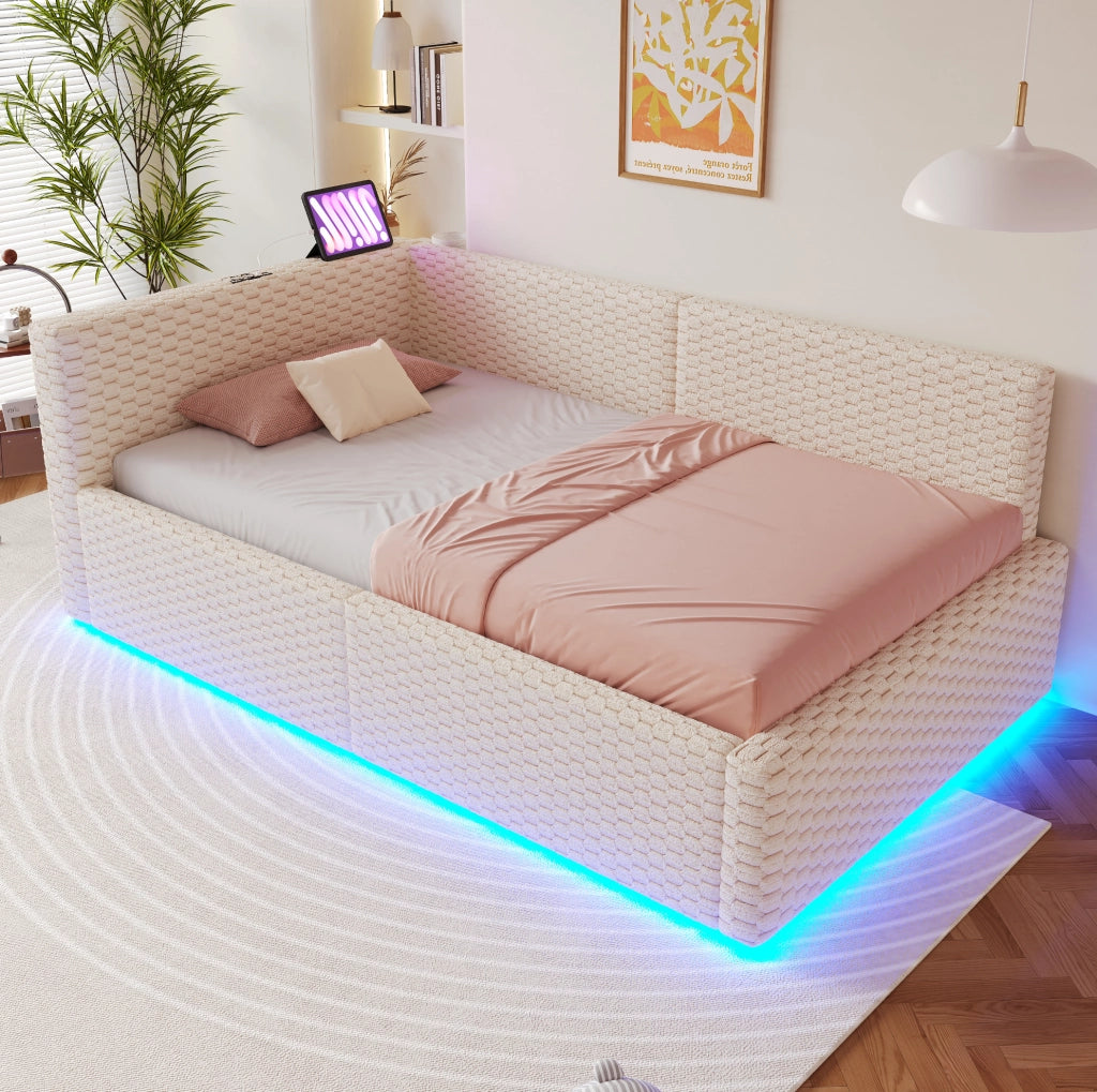 Letto imbottito 90 x 200 cm con LED, USB e vano contenitore