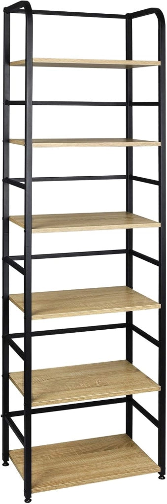 Scaffale Libreria a 6 Livelli, Libreria Verticale Struttura in Metallo, per Soggiorno/Camera da Letto/Studio, 50x30x176cm, Nero + Rovere Chiaro, RGB11hei