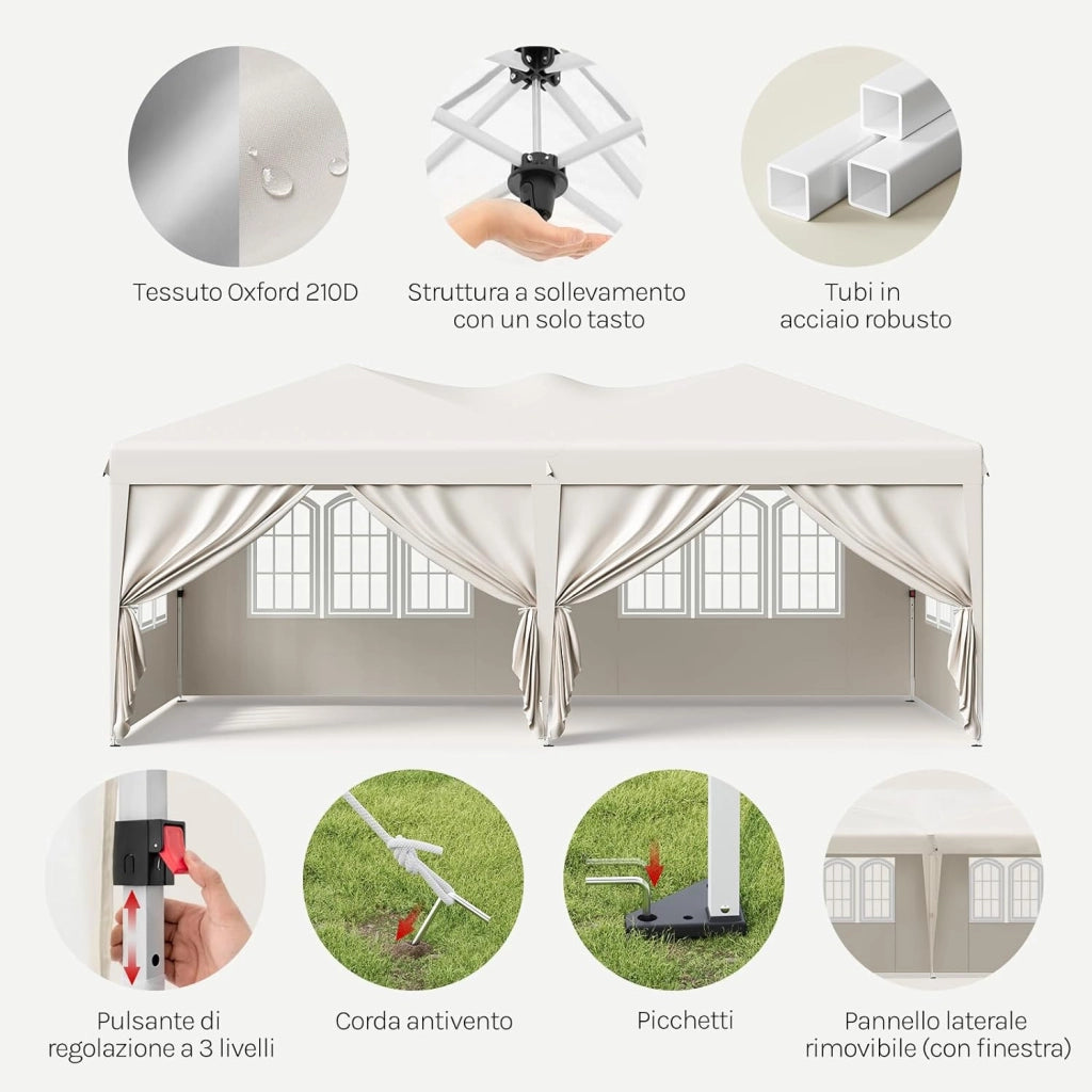 Gazebo Esterno Resistente 3x6 m, Tendone da Giardino con 6 Pareti Rimovibili, Sistema Pop-Up, Altezza Regolabile, Borsa da Trasporto, per Campeggio, Festa, Matrimonio, Beige