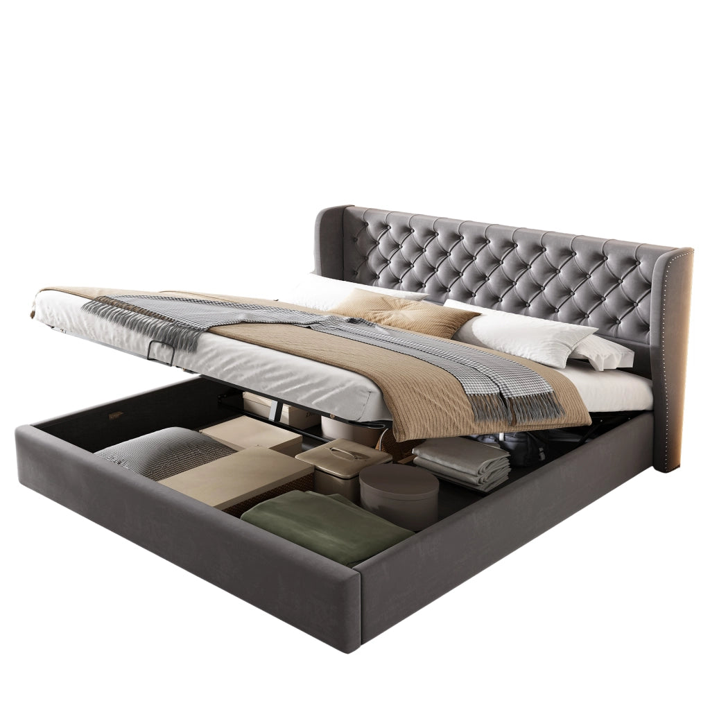 Letto Contenitore Letto Matrimoniale 160×200 cm con Vano Idraulico e Testiera Alta; senza Materasso; Velluto Grigio