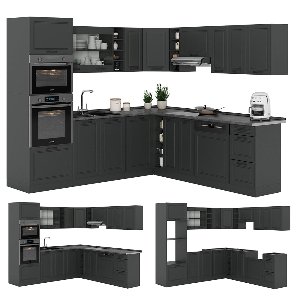 Cucina angolare completa R-Line Antracite rustico/Antracite 247 x 60 cm, PL Marmo Vicco