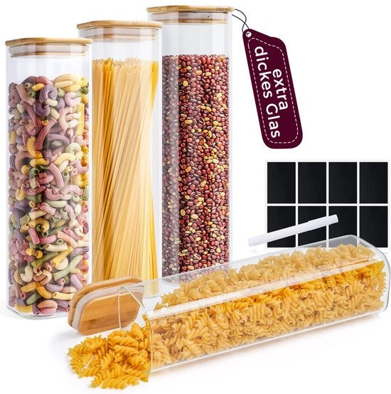 Opzioni di Stoccaggio Premium con Coperchi Quadrati [Vetro Extralarge] 4 x 1,4l - Stoccaggio Orzo, Spaghetti - Contenitori di Stoccaggio con Coperchi - Contenitore di Stoccaggio Aereodinamico con Coperchi, Stoccaggio Pasta