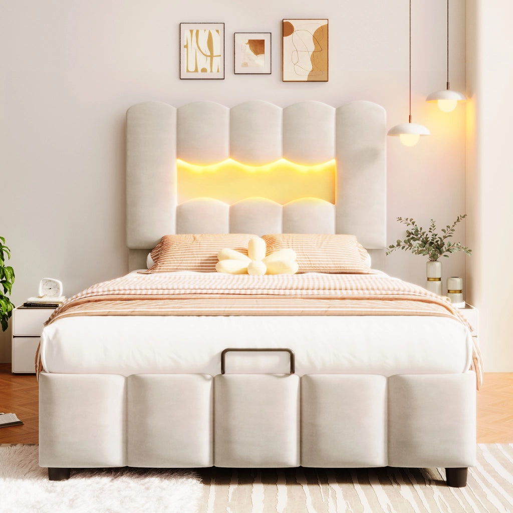 LETTO Contenitore 90x200 cm in velluto beige con LED e testiera regolabile