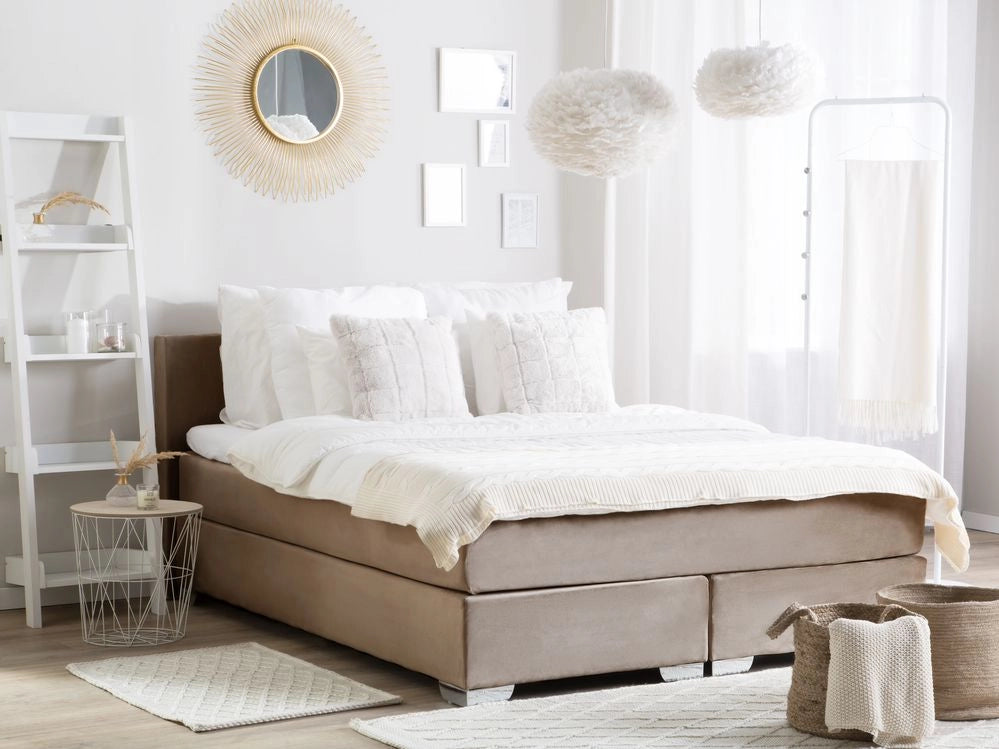 Letto Beige Velluto 160 x 200 cm Imbottito Struttura con Poggiatesta e Materasso