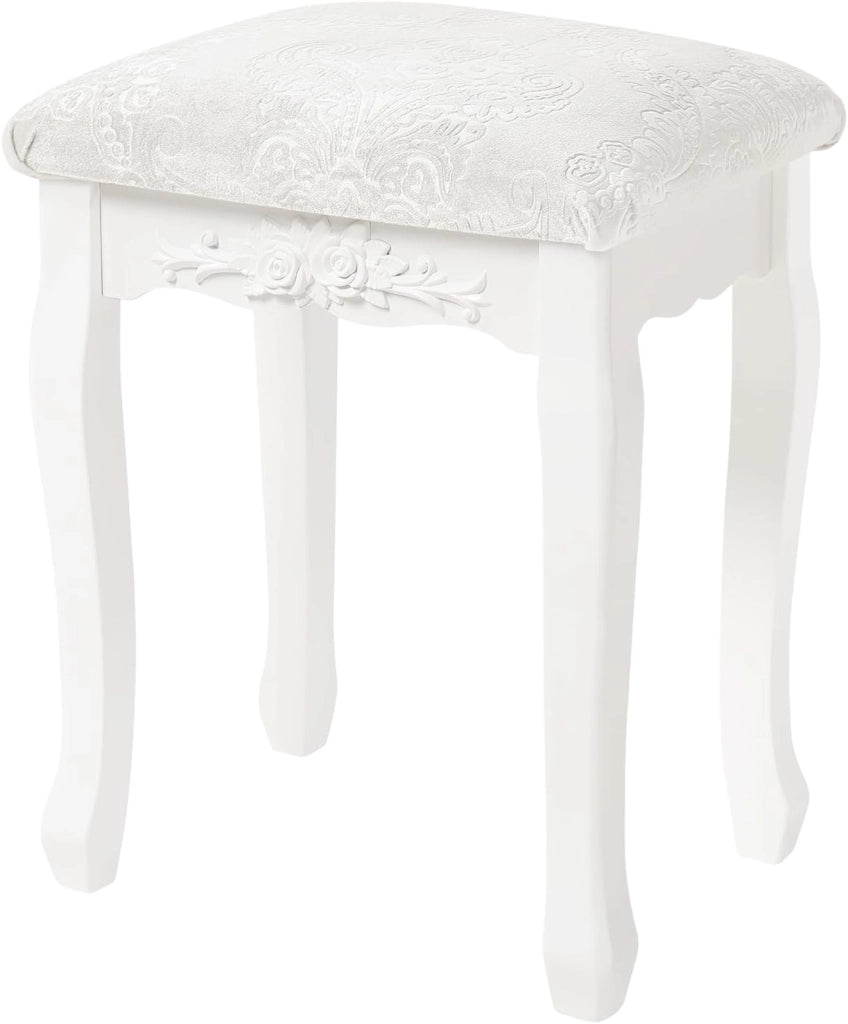 Sgabello per Tavolo da Trucco, Toeletta Sedia Imbottita per Camera con Motivo Floreale, Design Barocco, Legno di MDF + Rovere, Bianco+Beige 37x30x50cm, MB6015cm