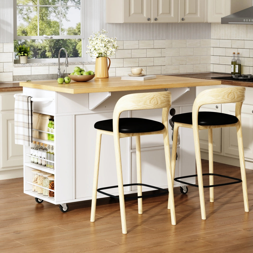 Carrello isola cucina pieghevole con piano estensibile, vani contenitore, 3 cassetti, prese e ruote 120 x 45(70) x 84 cm