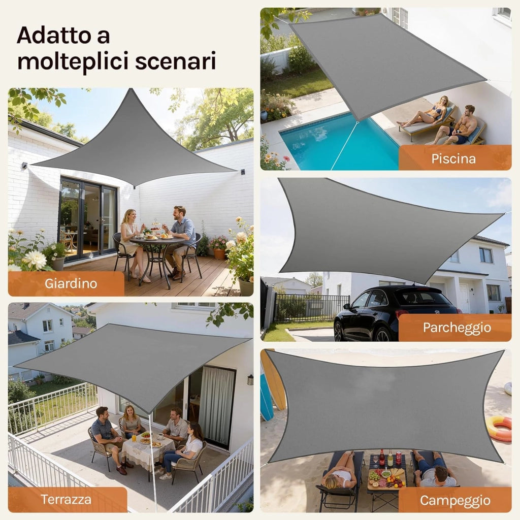 Vela ombreggiante 5x7m in HDPE 180 g/m² Traspirante Tenda a Vela Parasole Rettangolare Protezione Solare Respirante Anti UV Giardino Esterni Grigio