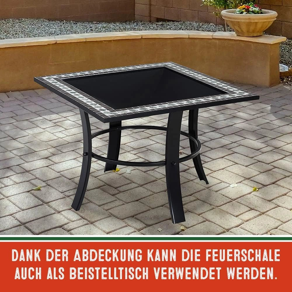 ® Braciere Quadrato da Esterno Mosaico in Acciaio 76x76cm Parascintille Camino da Giardino Stufa Caminetto Patio