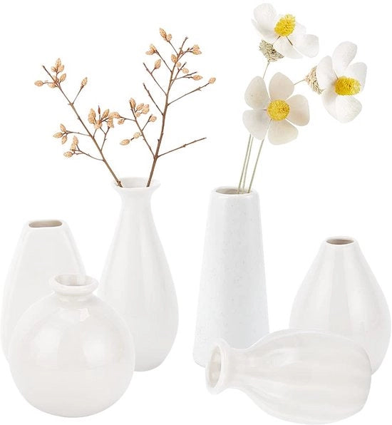 Set di 6 mini vasi in ceramica per fiori, 6 stili decorativi rustici, moderna decorazione per la campagna, vasi bianchi semplici e piccoli per fiori e piante, dimensioni 43~65x70~100 mm.