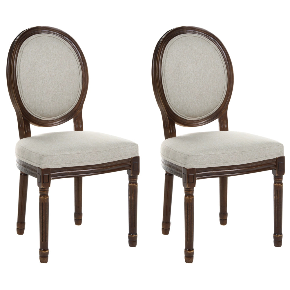Set di 2 sedie da pranzo con struttura in legno e rivestimento in tessuto marrone scuro e beige, stile country francese shabby chic vintage