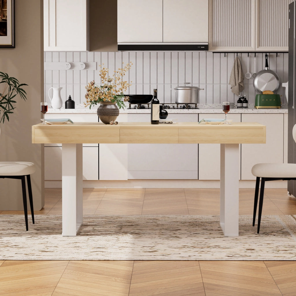 Tavolo allungabile per 8 persone con piano in truciolare, stile retrò, per cucina e sala da pranzo, naturale e bianco