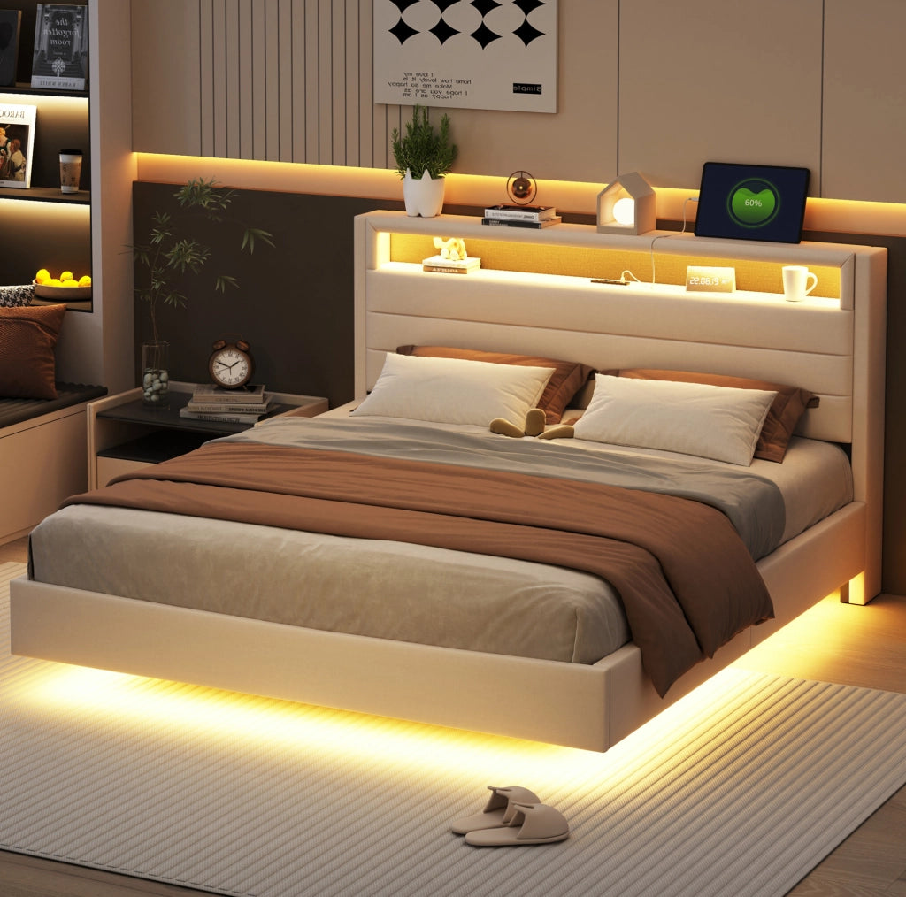 Letto matrimoniale 160x200 cm con USB e LED; testiera ribaltabile; tessuto beige (Senza materasso)