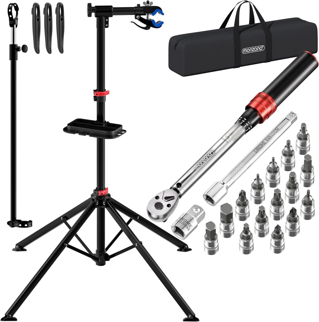 MONZANA® Cavalletto Montaggio Biciclette da 30kg con Set Chiavi Dinamometriche da 1/4 Borsa Trasporto Riparazione Bici Pneumatici Mountain Bike