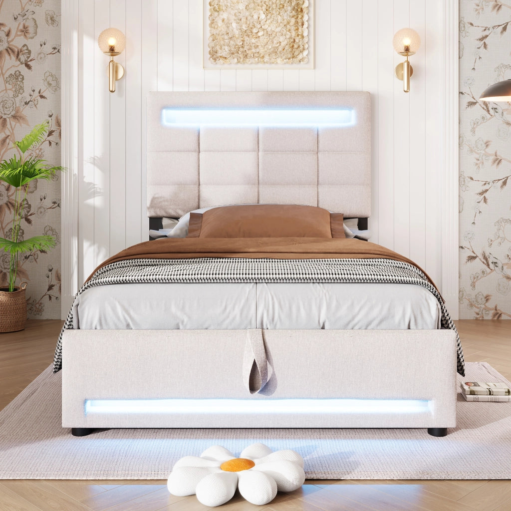 LETTO Contenitore 90x200 cm in lino Beige con APP, LED e USB