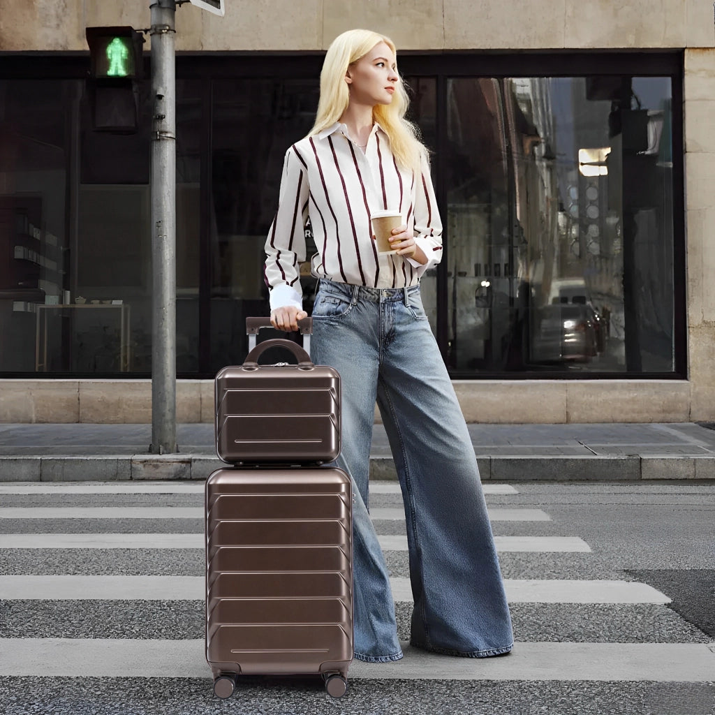 Set di 2 valigie girevoli in ABS da 14"/19" con lucchetto a combinazione e trousse da 14" (marrone)