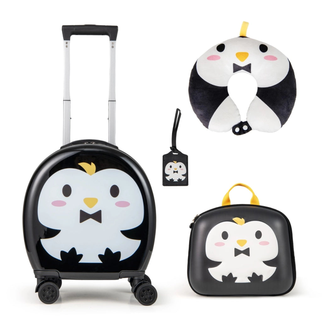Set di valigie per bambini, Set da 4 pezzi con valigia a mano zaino e cuscino per collo Nero+Bianco