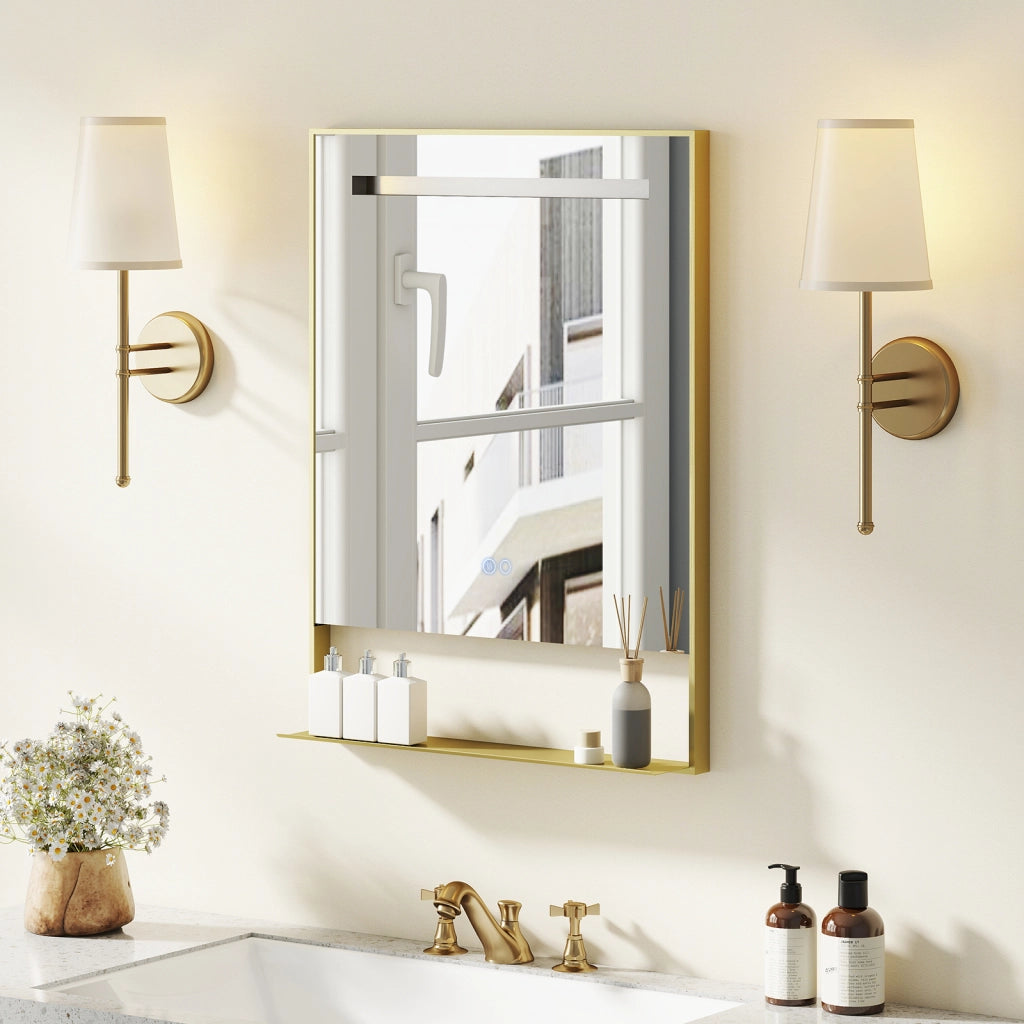 Specchio bagno led 80x60/88,5x50cm cornice alluminio mensola antiappannamento-Specchio trucco parete 3 colori luce luminosità regolabile