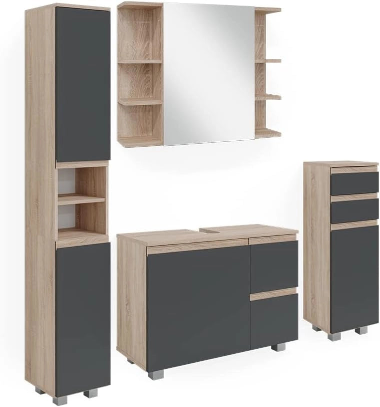 Set mobili bagno J-Shape, Sonoma, 80 cm, composto da specchio da bagno e mobile sottolavabo
