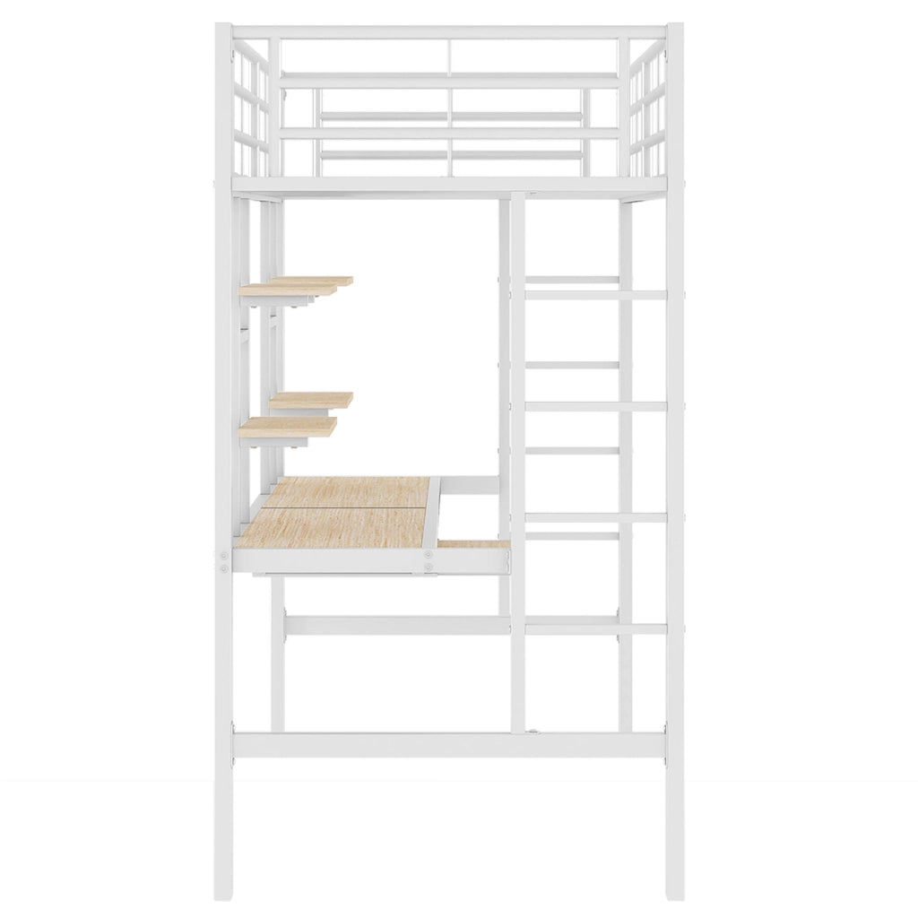 Letto a Soppalco Letto Singolo con Scrivania; 2 Scaffali e Ripiano Tastiera; 90×200 cm; senza Materasso; Bianco