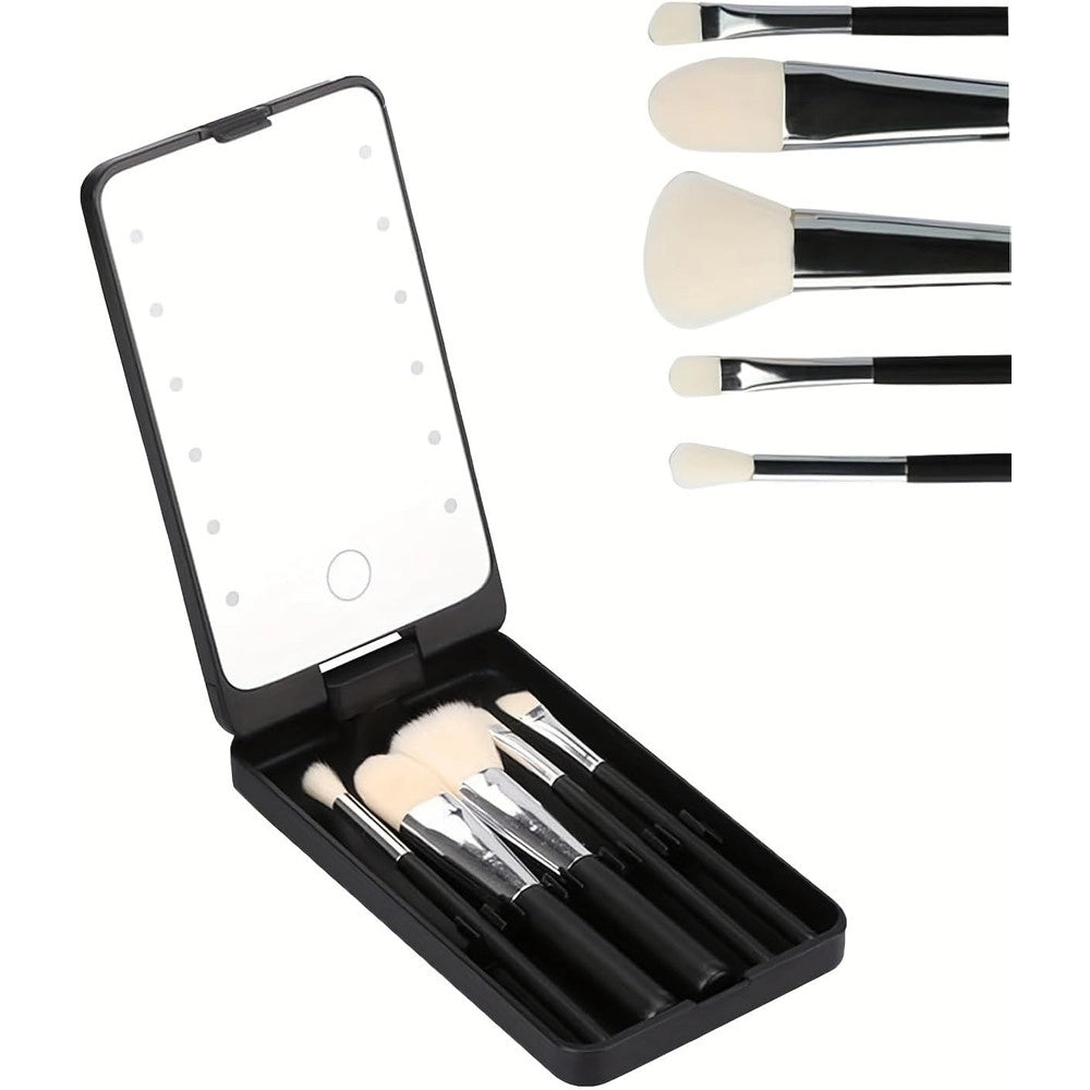 Trade Shop - Specchio Per Trucco Portatile Con Set Pennelli Rotazione 360° Luci Led Ricaricabile Touch -