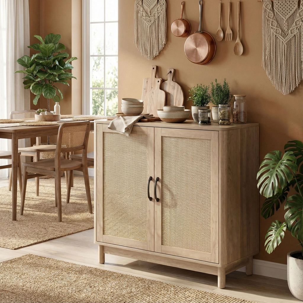 Mobile buffet con 2 ante in rattan ¨C Xylo ¨C rovere, ripiani regolabili, 76x35x75,5 cm