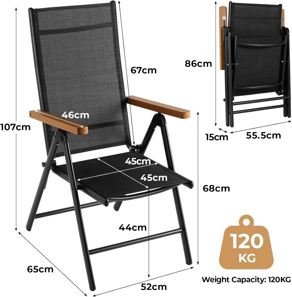 Set di 4 Poltrone da Giardino con Bracciolo Simil Legno, Pieghevole in Alluminio con Schienale Alto Regolabile in 7 Posizioni, per Balcone o Campeggio, Traspirante.