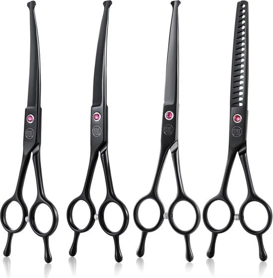 Kit per la cura del cane - 7 pollici trimmer invertibile - lama curva retta - forbici per animali con punta arrotondata per sicurezza - Set di Chunker - nero - punta arrotondata - cura completa del corpo