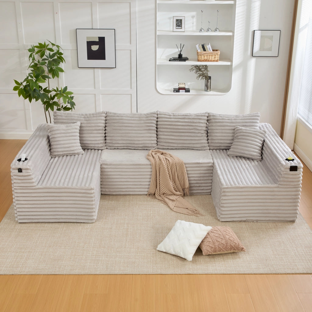 Divano Angolare a U in Tessuto Cord ¨C MINIMAL ¨C con Portabicchieri, Tasche Laterali e Cuscini