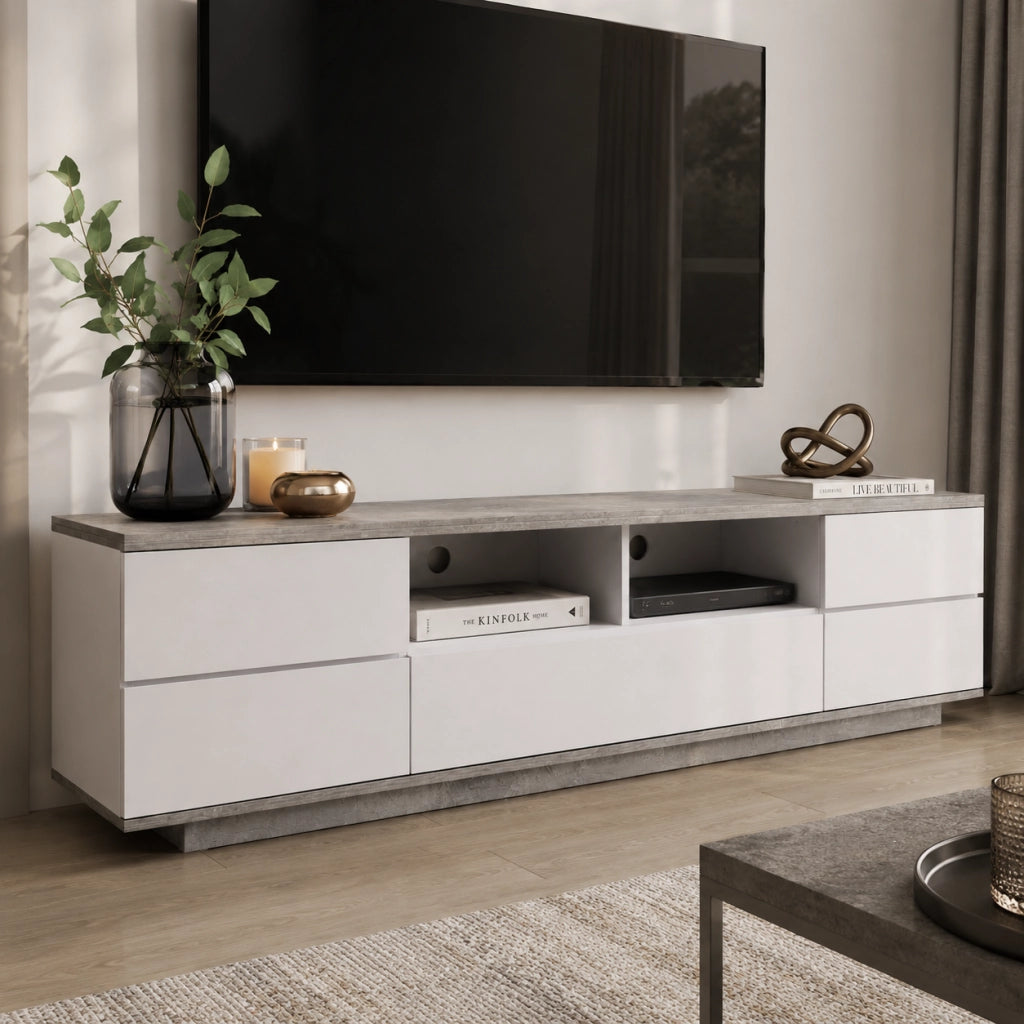 Mobile Tv Salotto Moderno Con 4 Ante 1 Anta A Ribalta 2 Vani A Giorno Con Passacavi Per Soggiorno Living Design In MDF Resistente 180 X 38 X 46 Cm Bianco E Grigio Cemento