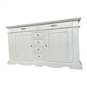 Credenzone madia Alberta in legno 2 ante bugnate e 6 cassetti bianco anticato