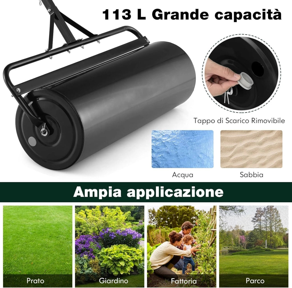 Rullo da Giardino per Prato 113 L 90 x 40 cm, Rullo per Prato in Metallo Riempibile di Acqua/Sabbia con Manico Antiscivolo, Ideale per Cortile, Parco e Fattoria (Nero)