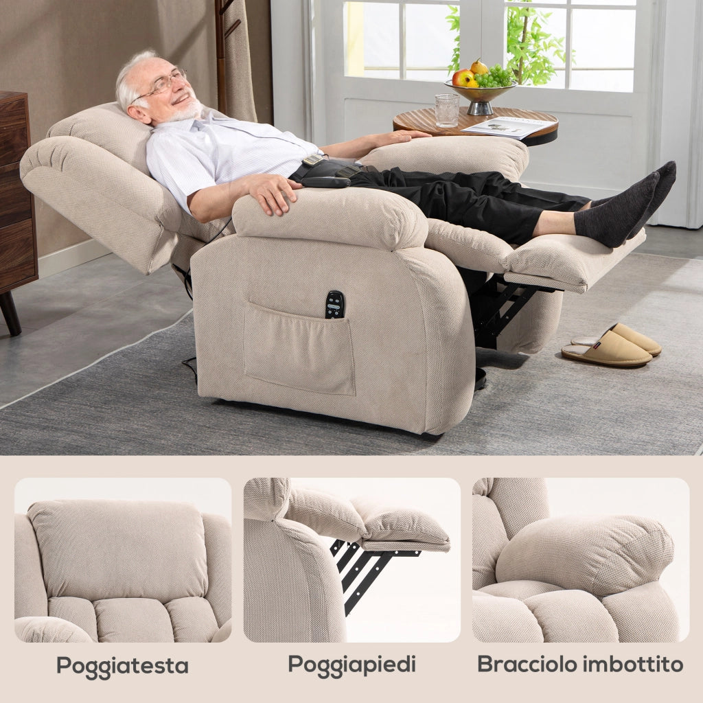 Poltrona Alzapersona Massaggiante e Reclinabile 93x104x105 cm con Telecomando in Tessuto Effetto Velluto Beige