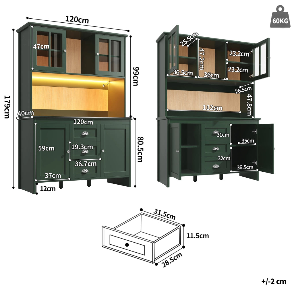 Credenza Alta da Cucina con Ante in Vetro e LED ¨C Xylo ¨C Verde, 120x40x179 cm