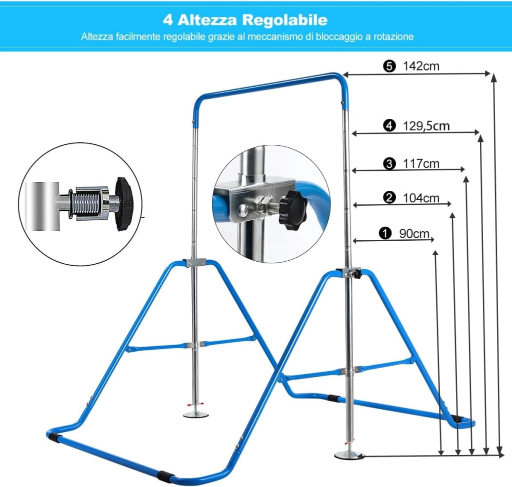 COSTWAY Sbarra Ginnastica Artistica Pieghevole con Struttura Triangolare e 4 Cuscinetti Antiscivolo, Altezza Regolabile in 4 Posizioni da 90 a 142 cm, Barra per Ginnastica per Bambini