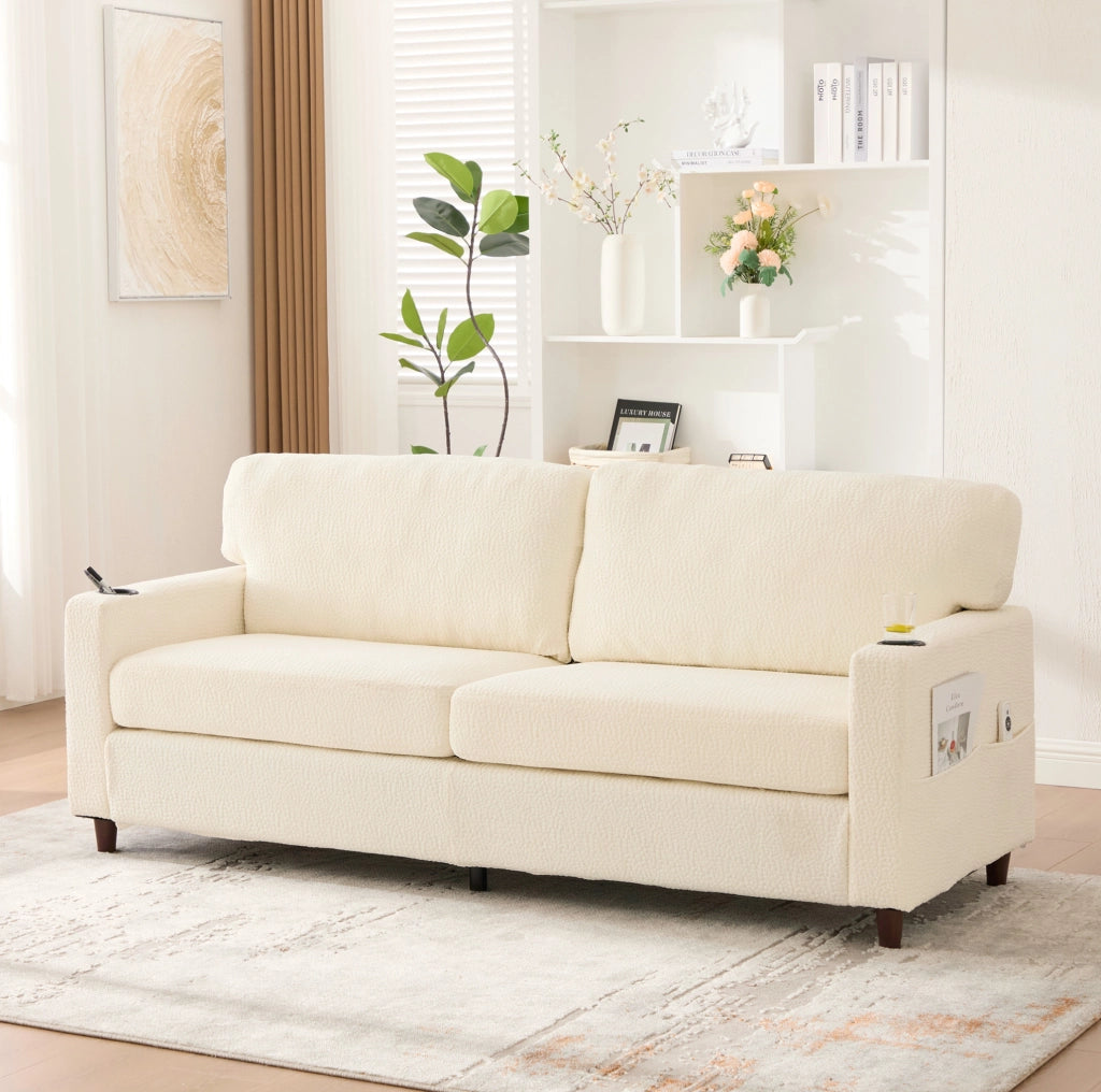 Divano 2 posti in ciniglia beige con LED, USB-C e portabevande
