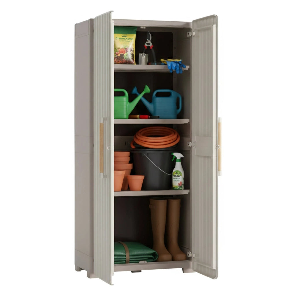 Armadio da esterno Melville, Mobile outdoor, Mobiletto giardino multiuso, Contenitore per balcone o garage, Made in Italy, 80x45 h180 cm, Sabbia