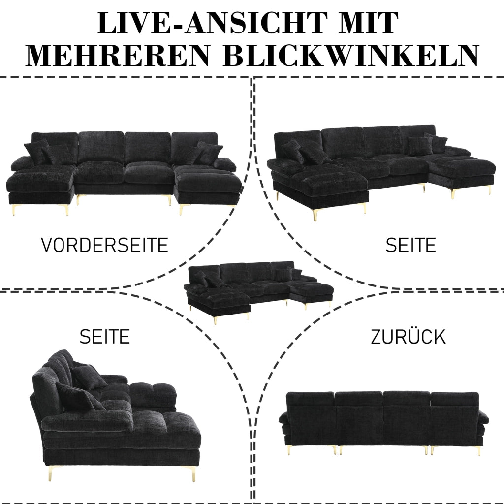 OKWISH Divano Panoramico a U, con 2 Chaise Longue, 4 Cuscini Schienale e 2 Cuscini, Ciniglia, Nero