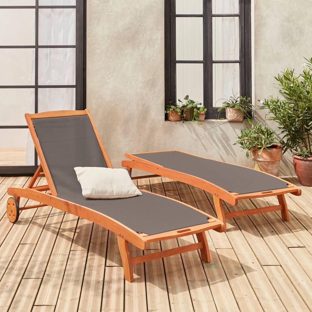 Set 2 lettini prendisole in legno multiposizione con ruote, antracite