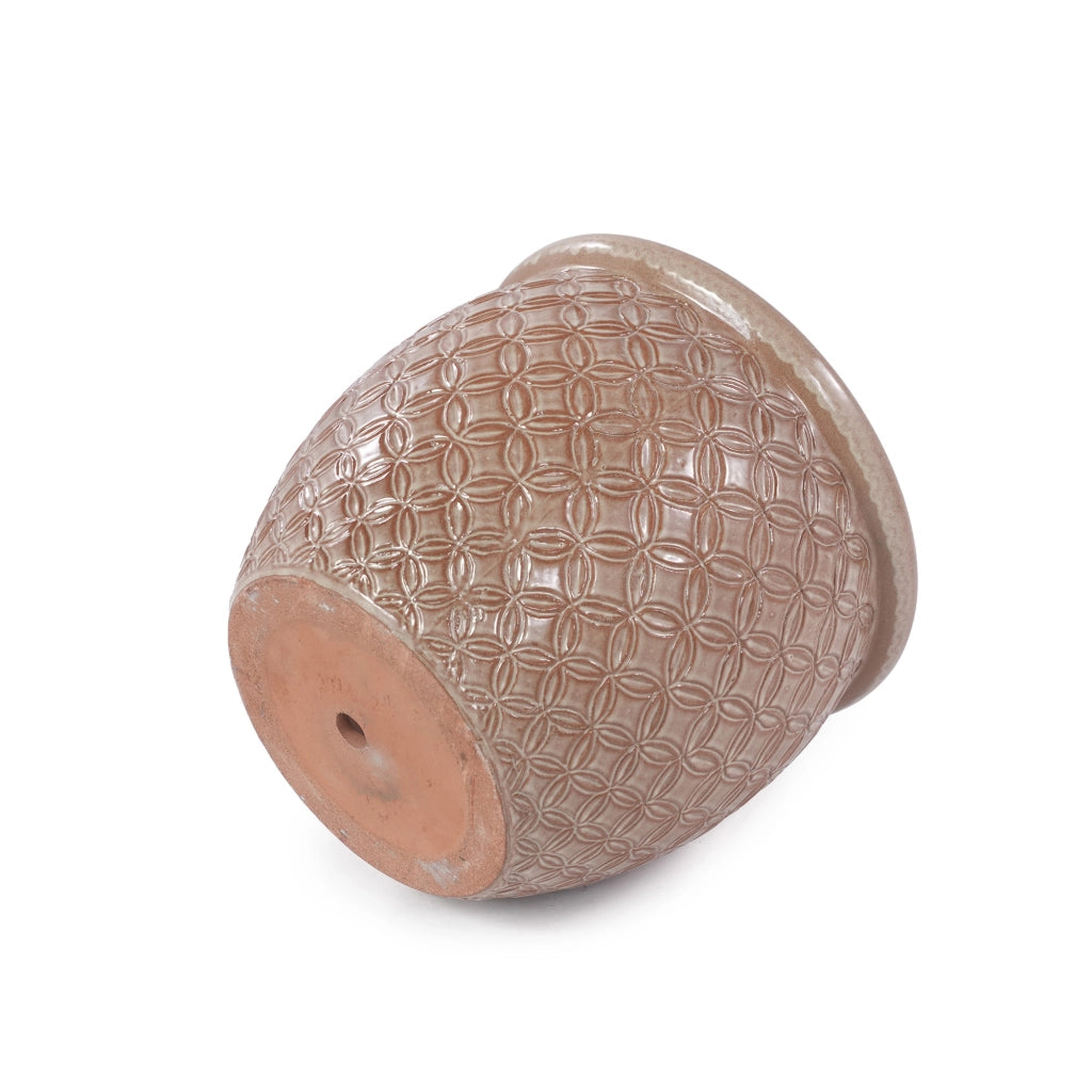 Vaso in ceramica artigianale Ø 30,5 cm, beige lucido, con rilievo decorativo e fori di drenaggio