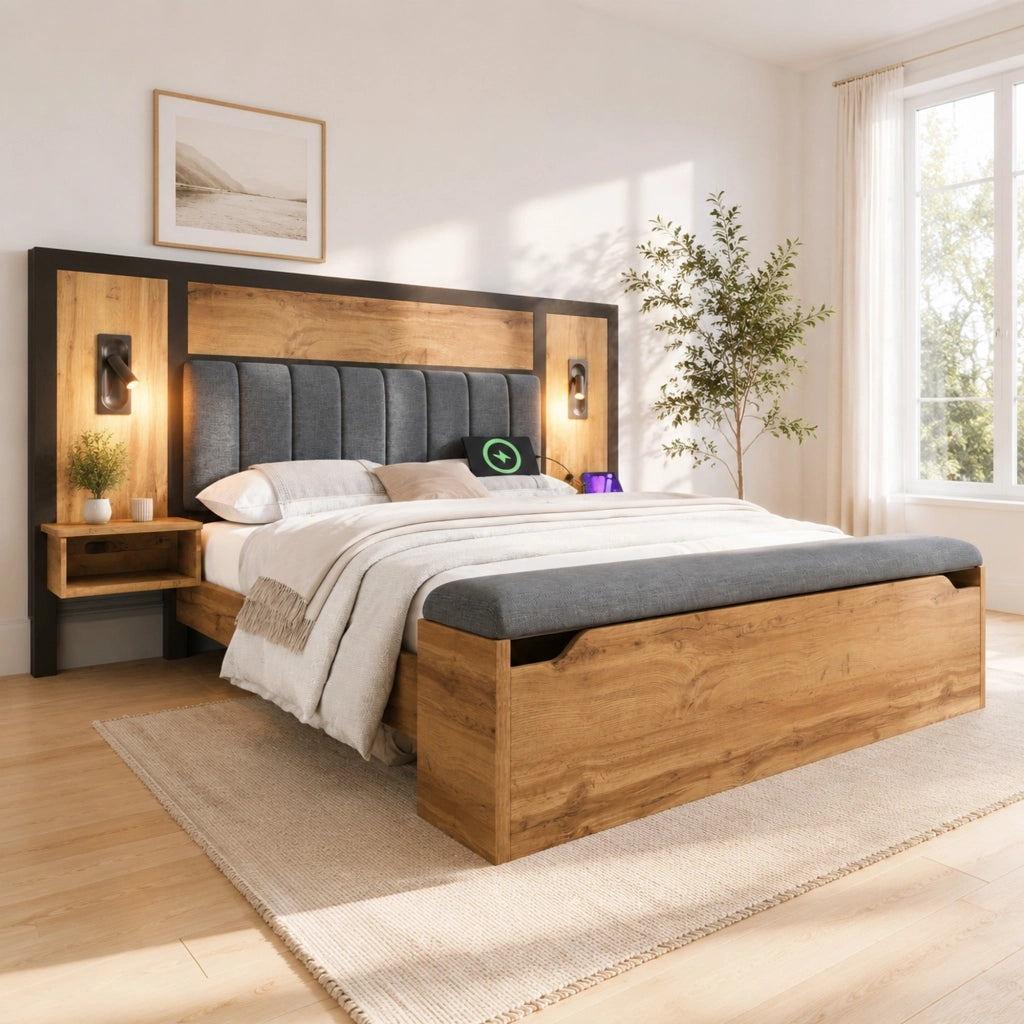 Letto matrimoniale 180x200 con luci, USB-C e panca contenitore