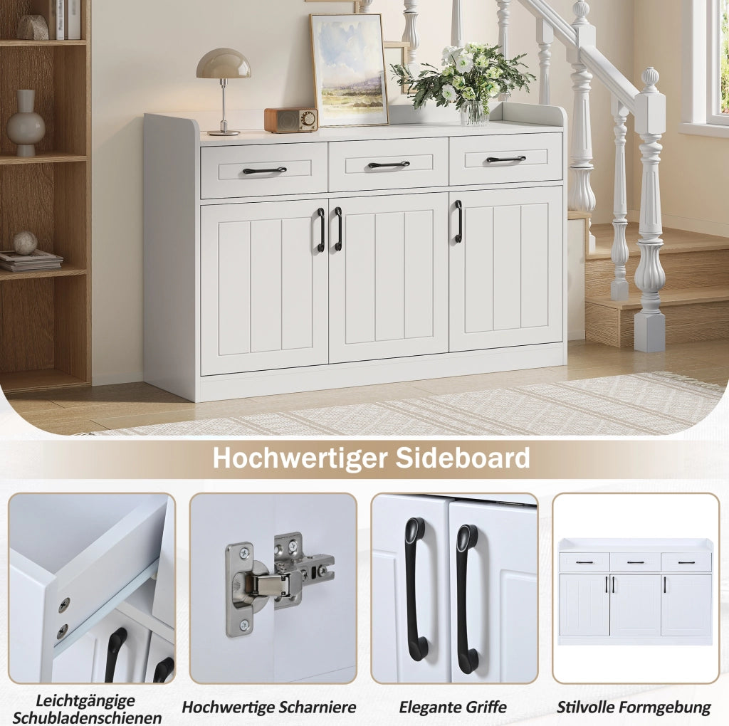 Credenza bianca 120 x 35 x 80 cm con 3 cassetti e 3 ante; in truciolare