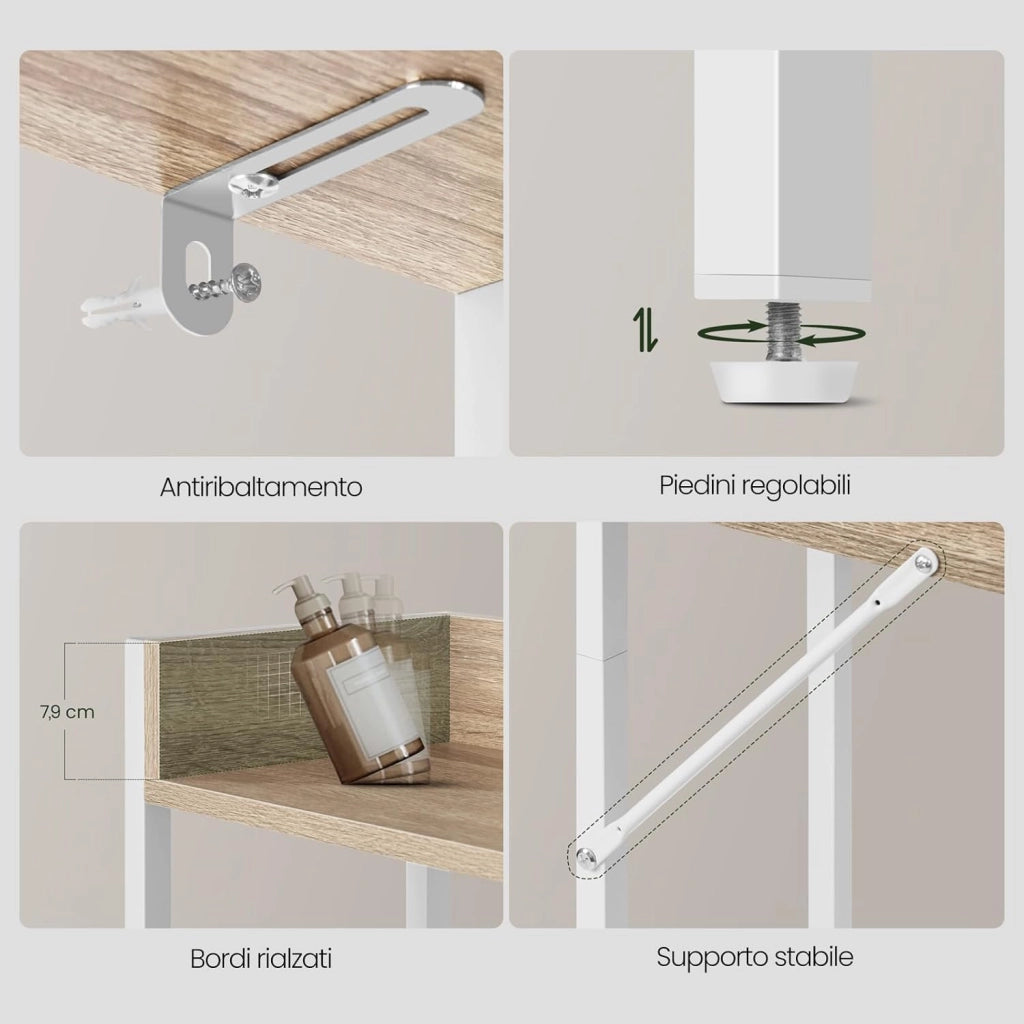Mobiletto Bagno Salvaspazio, Scaffale Lavatrice con 3 Ripiani, per Lavanderia, Bagno, Soggiorno, Balcone, Legno e Metallo, Rovere Chiaro+Bianco, 63x25x166,5 cm