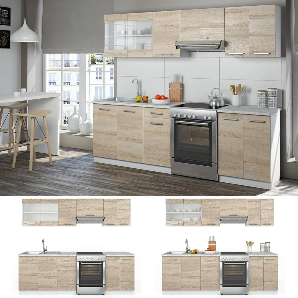 Mobile da cucina Raul, Sonoma/Bianco, 240 cm, PL Marmo con striscia LED, combinabile in modo flessibile con elementi modulari