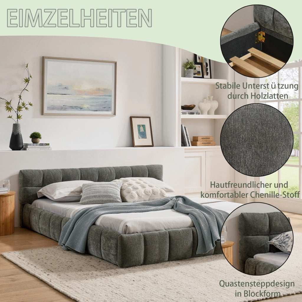 Letto Matrimoniale Imbottito ¨C MINIMAL ¨C Grigio Scuro, Legno e Metallo, 160x200