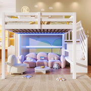 Letto a soppalco 140x200 cm con LED e scala contenitore bianco