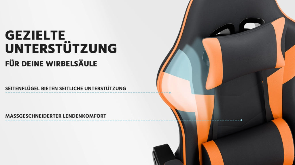 Sedia gaming ergonomica reclinabile con poggiatesta e supporto lombare in PVC arancione